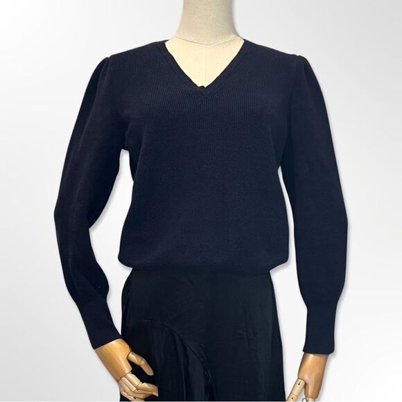 Ann Taylor Sweaters - Ann Taylor Navy Puff Sleeves V-Neck Sweater